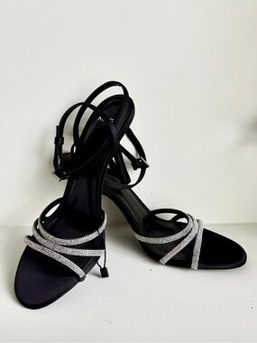 NWOT Mango Black Strappy Heels with Silver Crystal Straps
